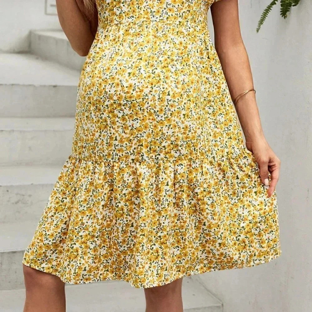 Yerllow Boho Womens Floral Print Ruffle Hem Dress - Picture 3 of 5